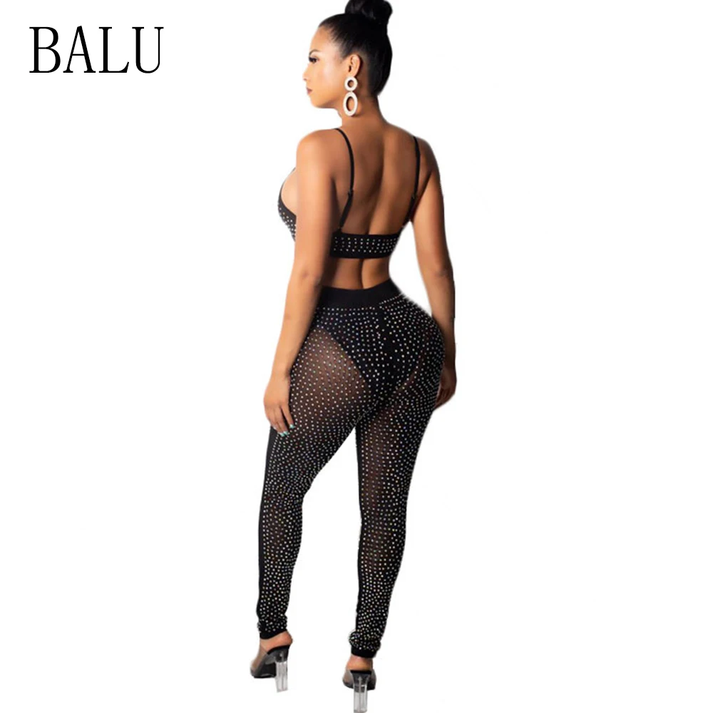 BALU 2 Piece Set Spaghetti Strap Mesh Rompers Womens Jumpsuit Sexy Rhinestone See Trough Sleeveless Backless Overalls