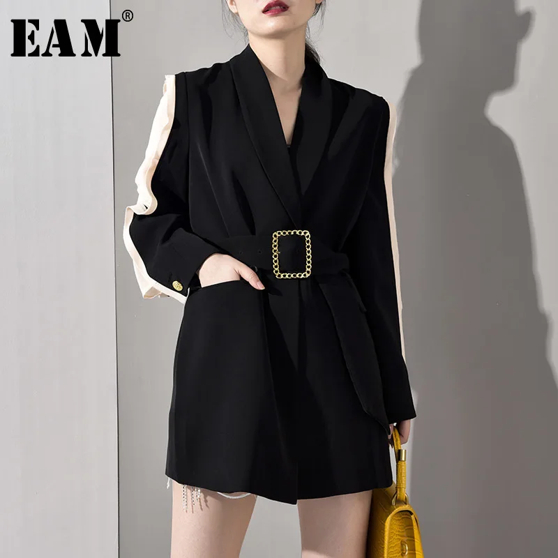

[EAM] 2019 New Autumn Winter Lapel Long Sleeve Black Perspective Split Joint Temperament Jacket Women Coat Fashion Tide JU2980