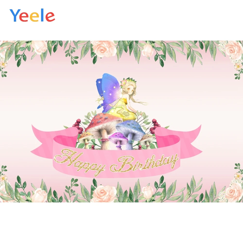 

Yeele Vinyl Baby Girl Birthday Party Fairy Tale Wing Mushroom Photography Backdrops Photographic Backgrounds For Photo Studio