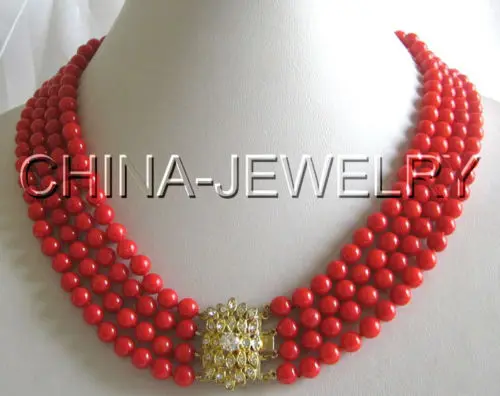 

FREE shipping 4row AAA+ 7mm perfect round red coral necklace -zirc