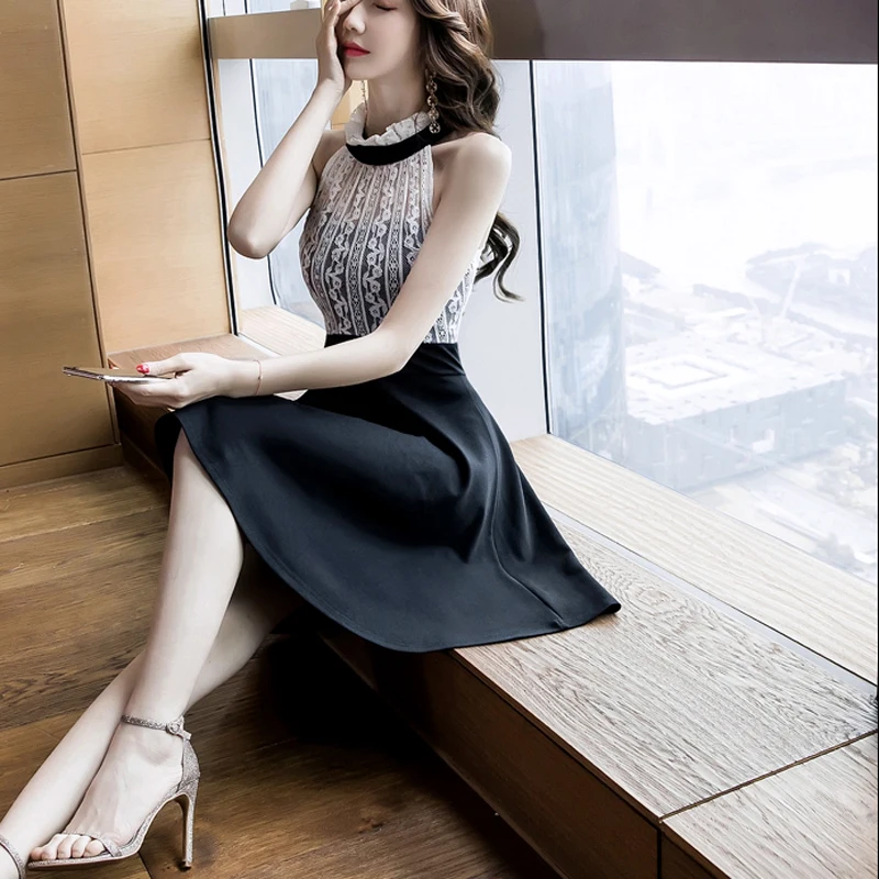 

women Dress short Sexy Elegant Solid Stylish Casual work Halter Bodycon Knee Midi printing Women Lace Dress