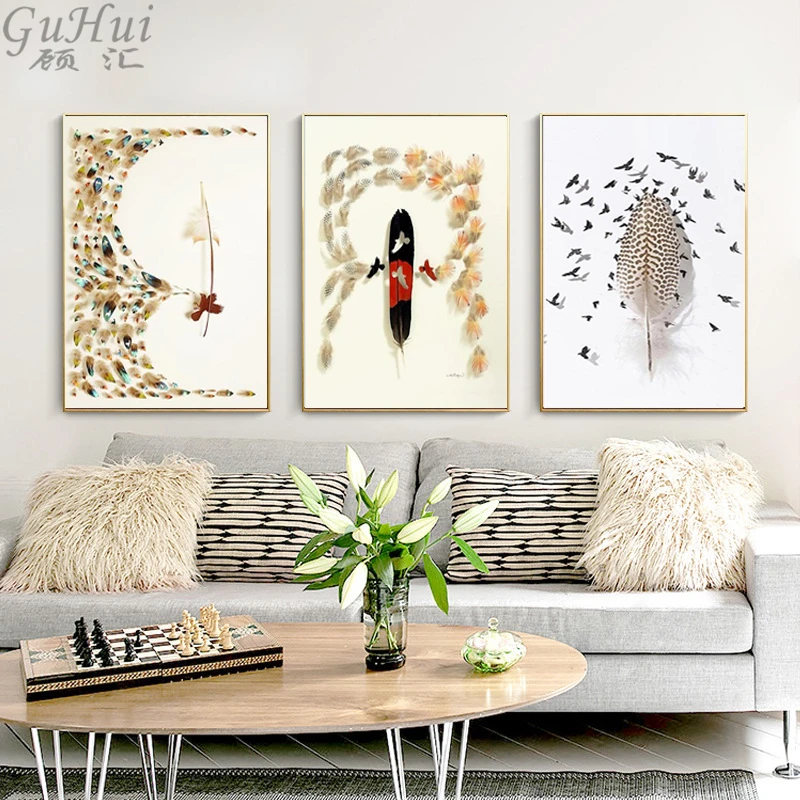 

Nordic Colorful Birds Feathers Triptych Canvas Painting Wall Pictures Beautiful Art Posters A4 No Frames Living Room Decoration