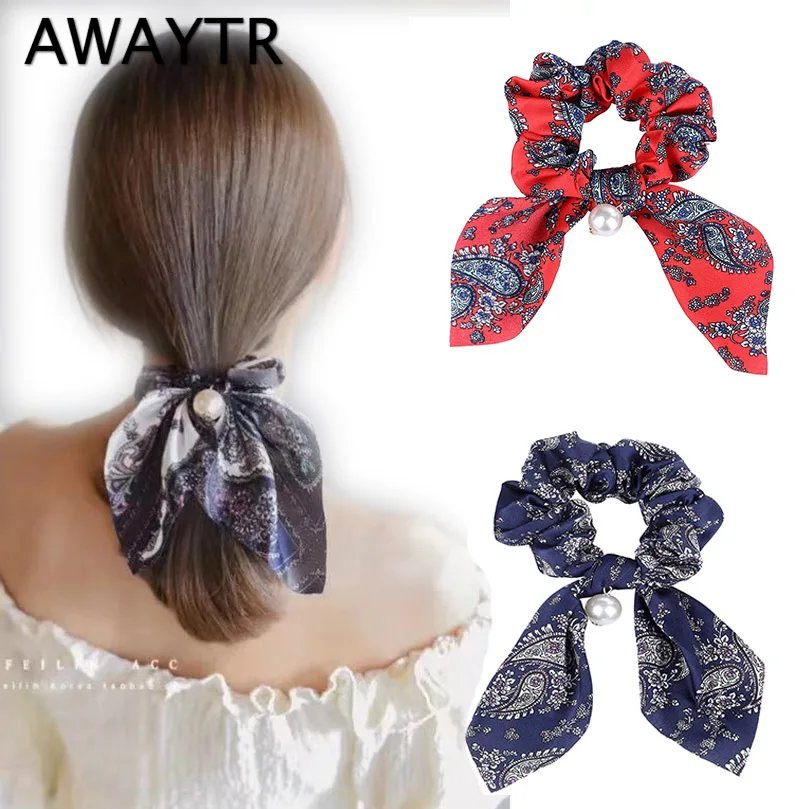 

AWAYTR New Cute Bunny Ears Pearl Print Hair Scrunchie Women Elastic Hair Band Bun Girls Headwear Detachable Hair Accessories