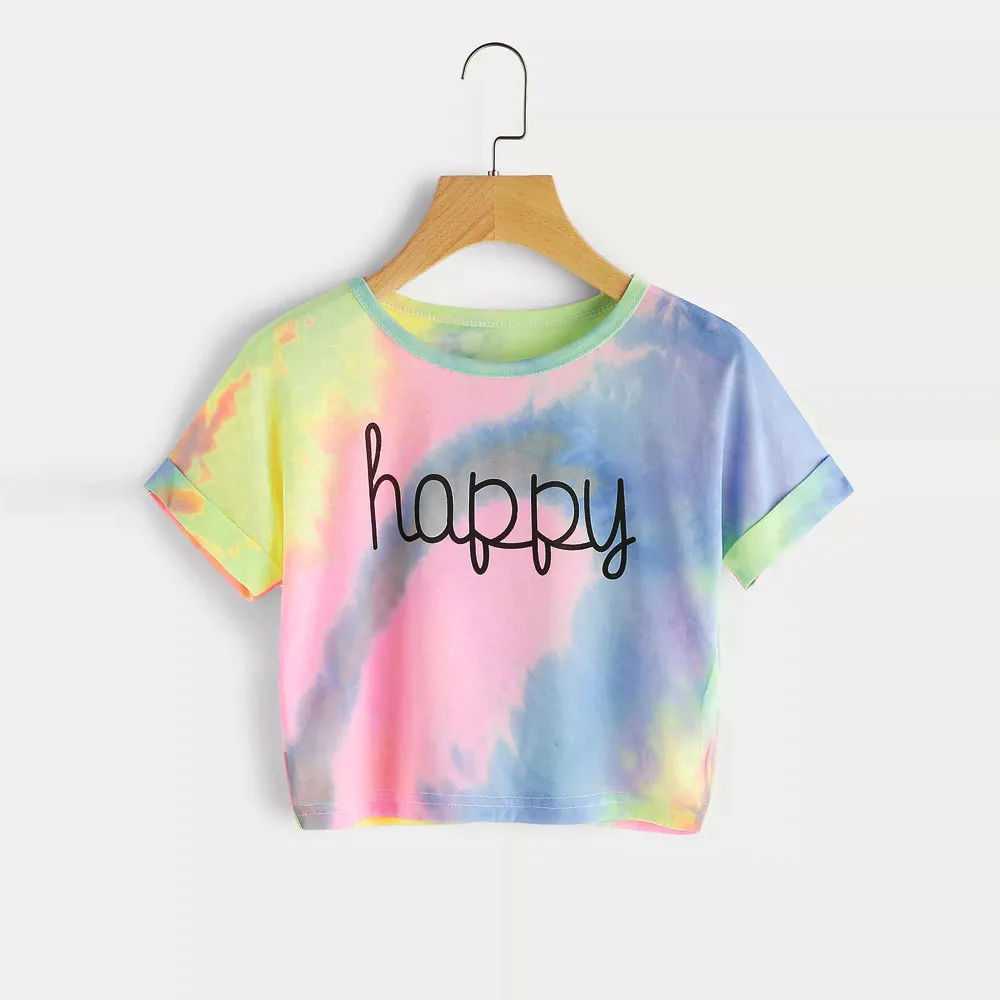 

Women's Letter Print Tank Tops Gradient Round Neck Crop Tank Short Sleeve Tops Navel Short Vest Chaleco De La Mujer #10T