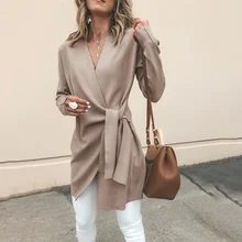 Весенний женский кардиган из искусственной замши с длинным рукавом, Осенняя мода, v-образный вырез, пояс, однотонный Тонкий Топ, женские повседневные Элегантные пальто, верхняя одежда