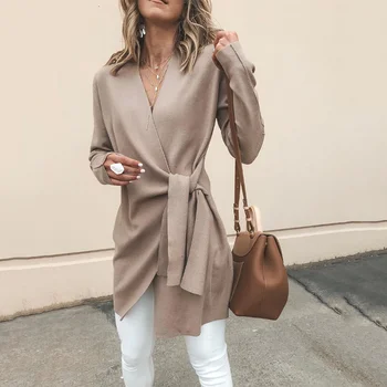 

Spring New Fashion Women Cardigan Long Sleeve 2020 Autumn V-Neck Belt Solid Slim Tops Female Casual Elegant Outwear