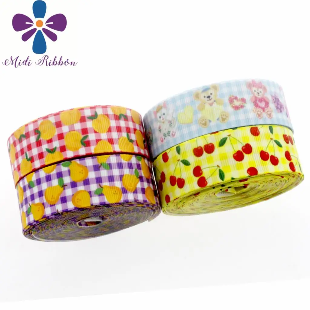 

7/8"22mm Colorful Check Series Fruits Printed Grosgrain Ribbon Cartoon Rabbit Gift Packing Stuffs Hair Tie Making 10yards/roll