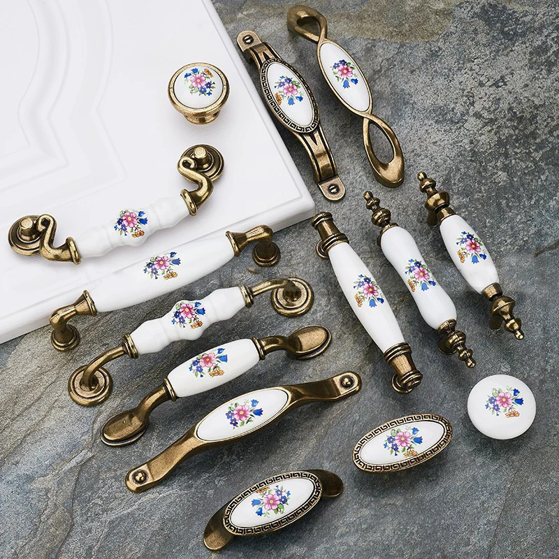 

Vintage Rural Ceramic European Furniture Door Handle Antique Bronze Wardrobe Cabinet Pull Knob Closet Cupboard Pastoral Knob