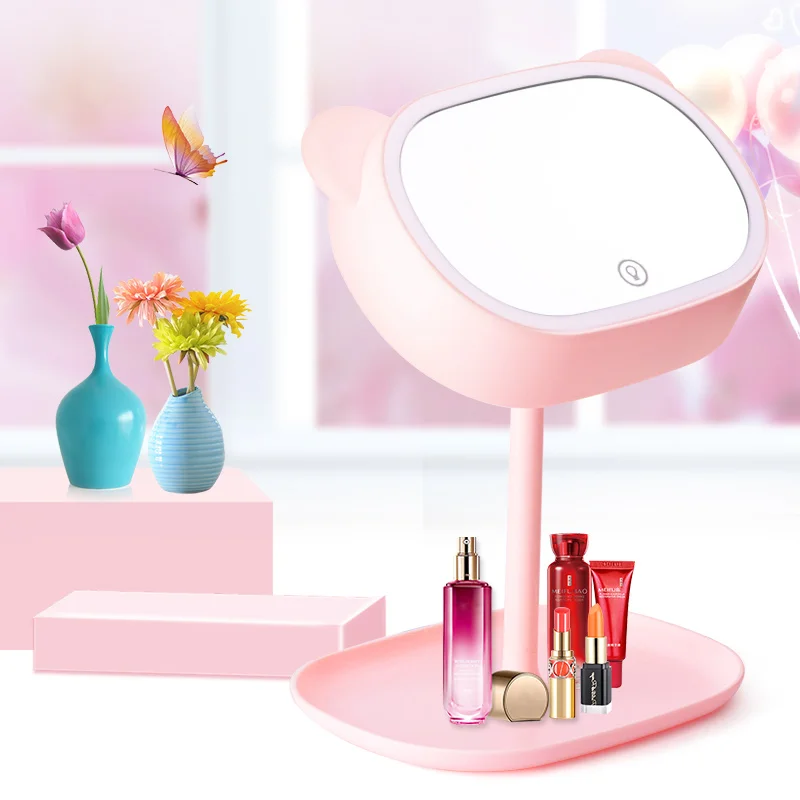 

Pink Multifunction Adjustable 180 Degree Rotating Makeup Mirror with Light Cosmetics Holder Bedroom Night Light Table Lamp