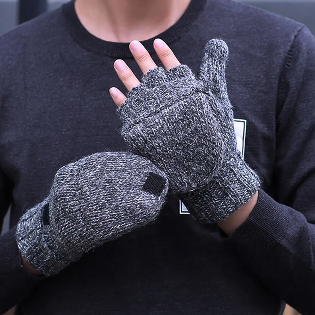 Очаровательные Толстые мужские перчатки без пальцев, мужские шерстяные зимние теплые открытые перчатки на палец, вязаные перчатки на половину пальца