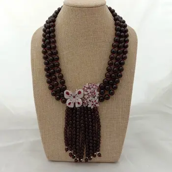 

18'' 3 Strands Natural Round Garnet Necklace CZ Pave Pendant