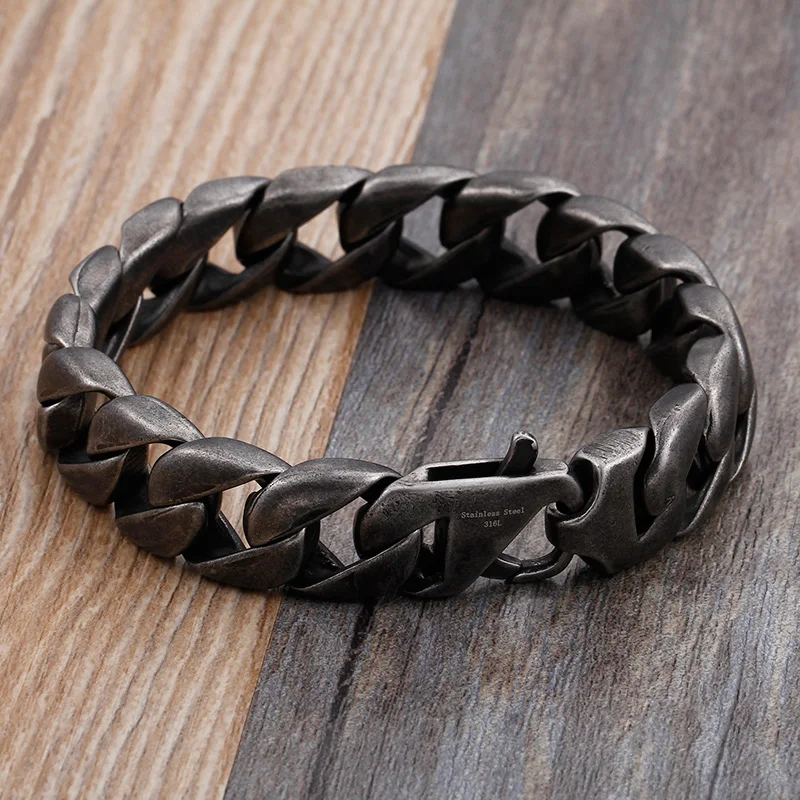 Vintage Black Stainless Steel Men Bracelet Man 15mm Wide