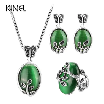 

Kinel Natural Green Opal Vintage Jewelry Sets Antique Silver Color Big Rings Earring Pendant Necklace For Women 2017 New