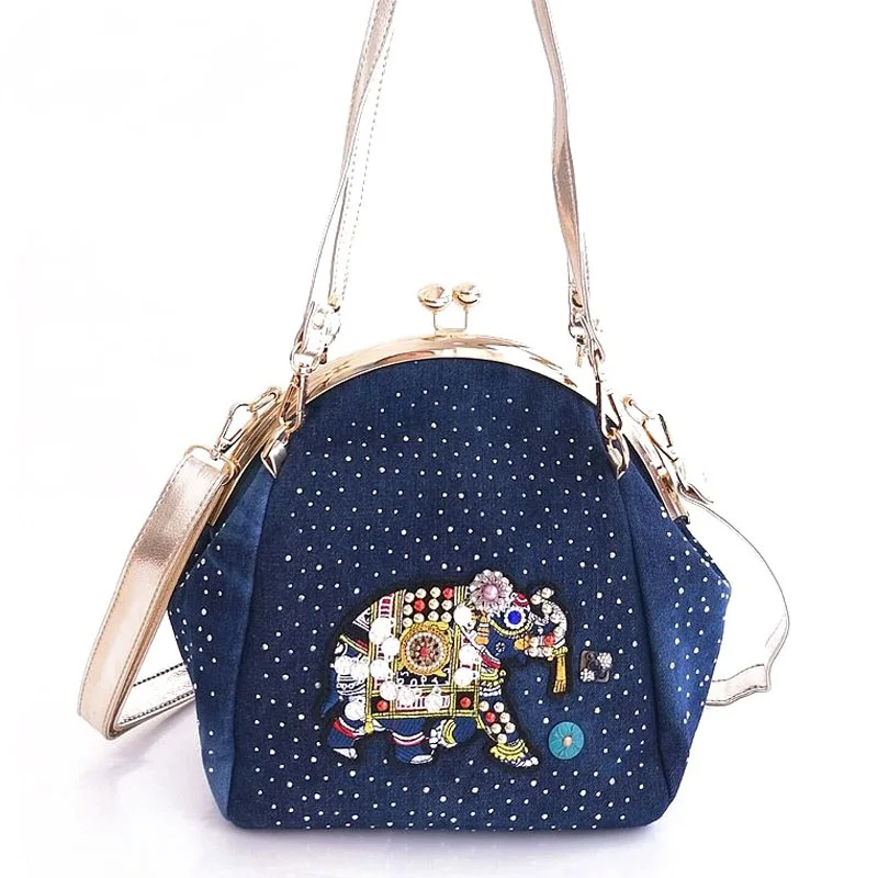 

Denim Jeans Women Shoulder HandBags Bags Vintage Fashion Frame Shine Rhinestone Elephant Evening Totes Female Messenger Purse