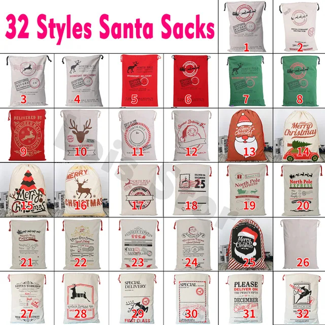 

Fast Shipping 100pcs/lot Santa Sacks Christmas Gift Bags Large Drawstring Canvas Stocking Bag Candy Cane Red String Santa Bag