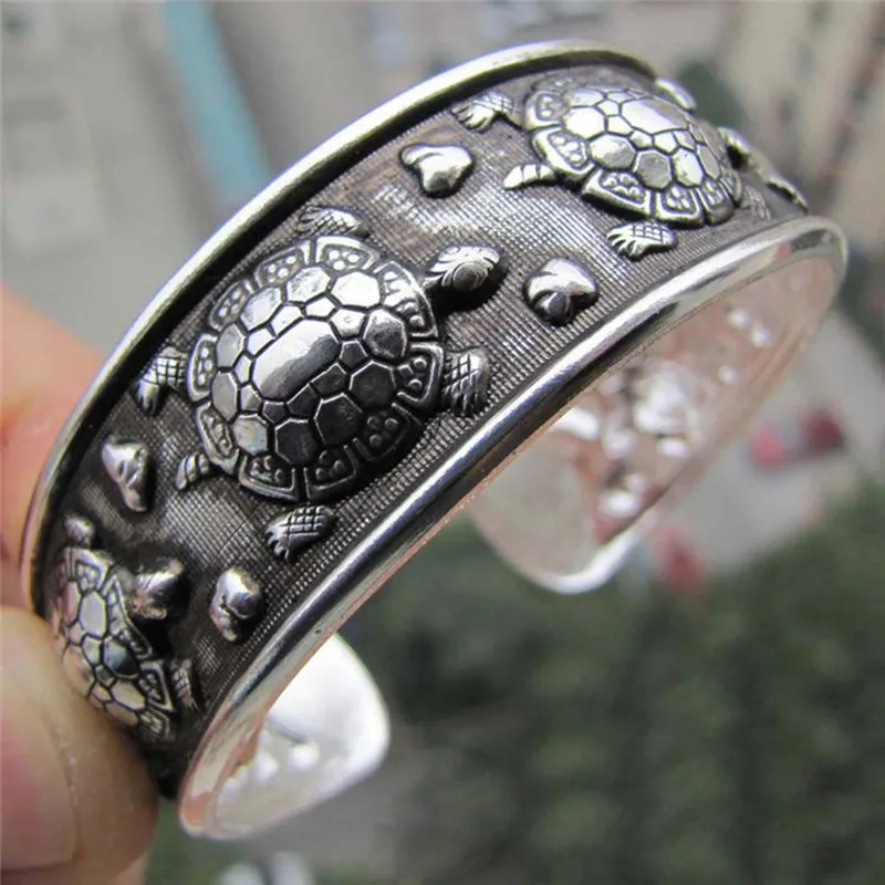 Antique Silver Plated Tibetan Turtle Shaped Bracelets Women Cuff Bangle Adjustable Jewelry Gift
