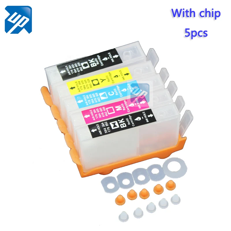 

UP 5pcs Refillable Ink Cartridges compatible for HP364 364 XL with chip for HP C5324/C5380/D5460/C6324/C6380/7510/7520/B8550