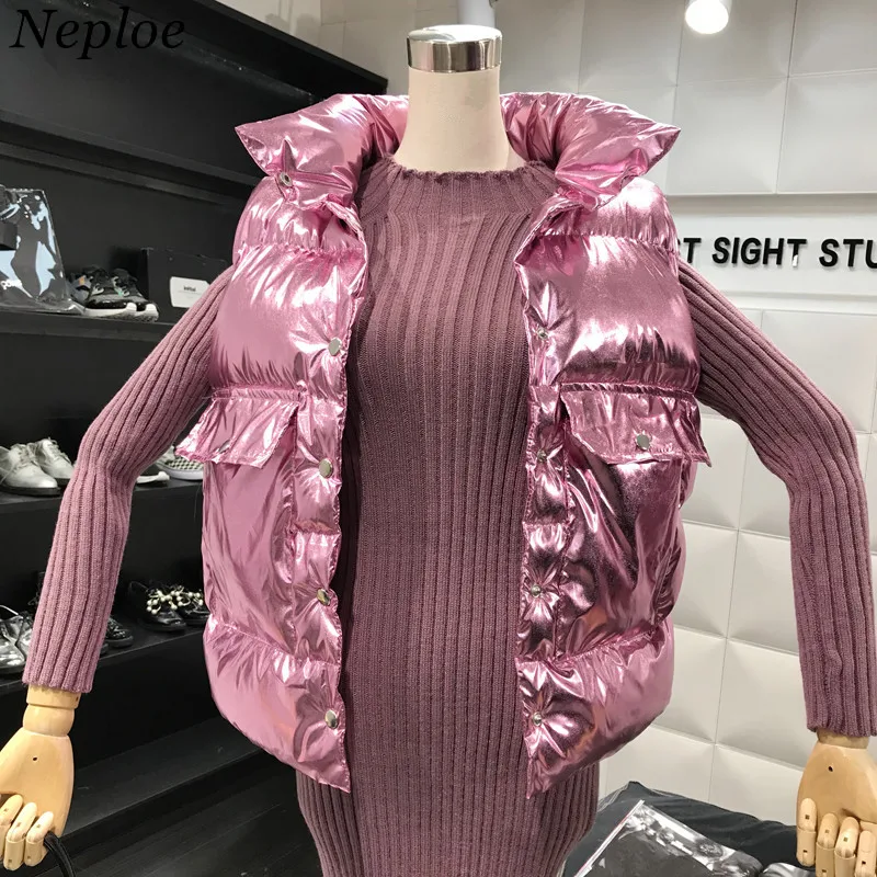 Neploe блестящие Стенд Воротник Зимнее пальто из хлопка Однобортный Для женщин