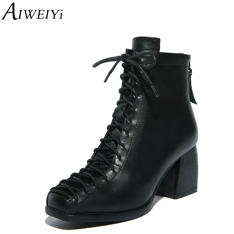 

AIWEIYi Ankle Boots for Women Square toe Lace Up Platform Shoes Short Plush Warm Winter Boots Martin Boots Black Green Boots