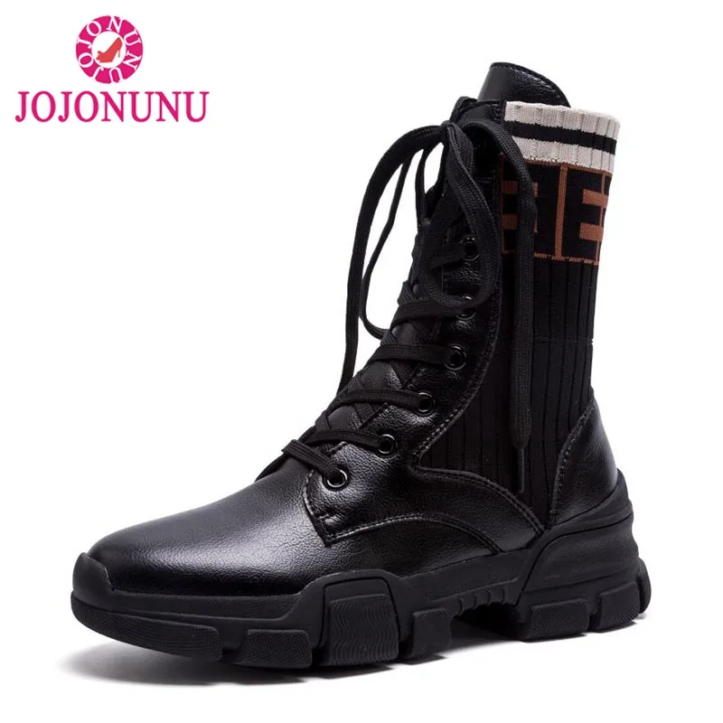 

JOJONUNU Women Genuine Leather Flats Boots Mixed Color Winter Half Short Boots Lace Up Round Toe Warm Shoes Women Size 35-42