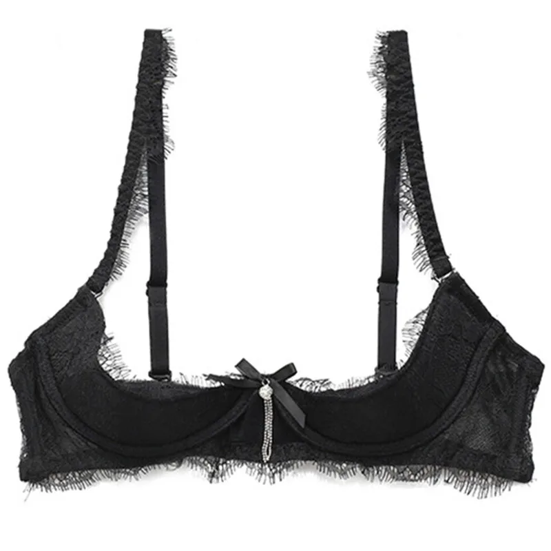 CYHWR Luxury Sexy Open Bow Lace Soild Pattern Lash Underwear Bra & Brief Set for Women+Breast Petals