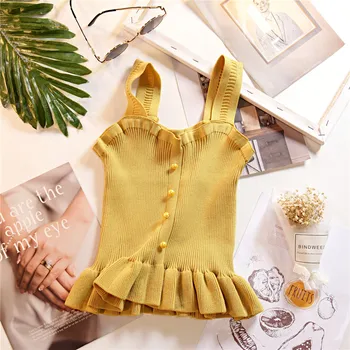 

Women Sexy Spaghetti Strap Camisole Tank Shirt Elastic Knit Crop Tops Sweet Ruffles Cami Summer Style Solid Color Beachwear