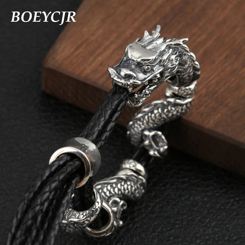 

BOEYCJR S925 Sterling Silver Dragon Bangles&Bracelets Fine Jewelry Handmade Punk Leather Rope Energy Bracelet for Men