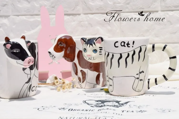 280 мл креативная мультяшная керамическая кружка для кофе с молоком Милая 3D фарфоровая кружка с кошкой, собакой, коровой и животными для украшения детского напитка