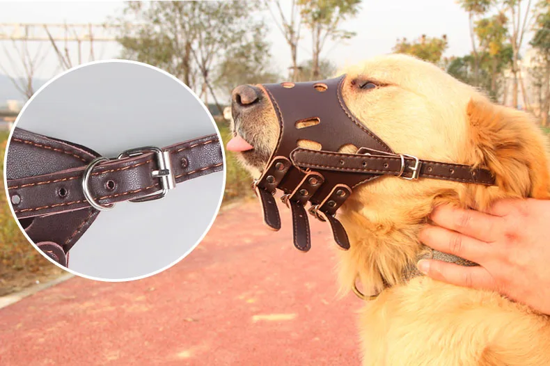 Регулируемая дышащая маска из искусственной кожи для домашних животных, мордочка для собак, защита от укуса, защита от жевания, безопасность для маленьких и больших собак