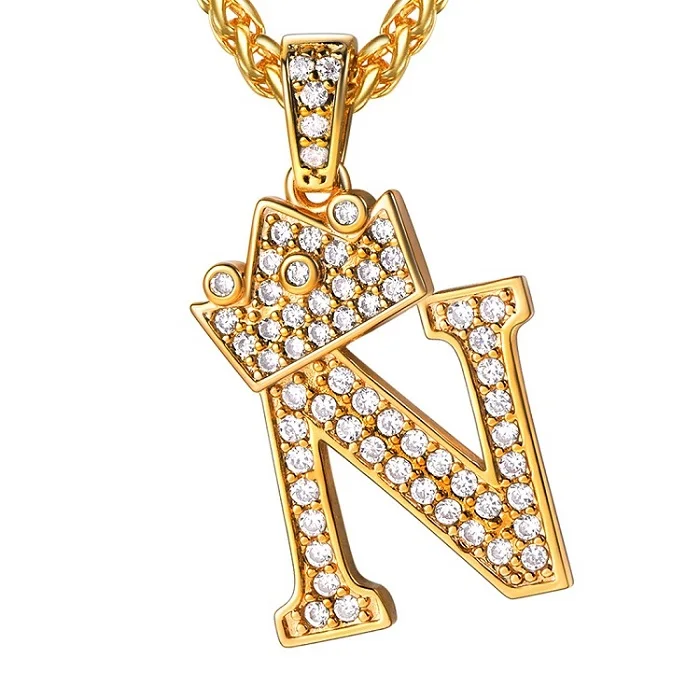 U7 Корона Инициалы ожерелье с буквами и кулон для мужчин женщин алфавитов кубического циркония льдом ювелирные изделия подарок на день матери P1200 - Окраска металла: N