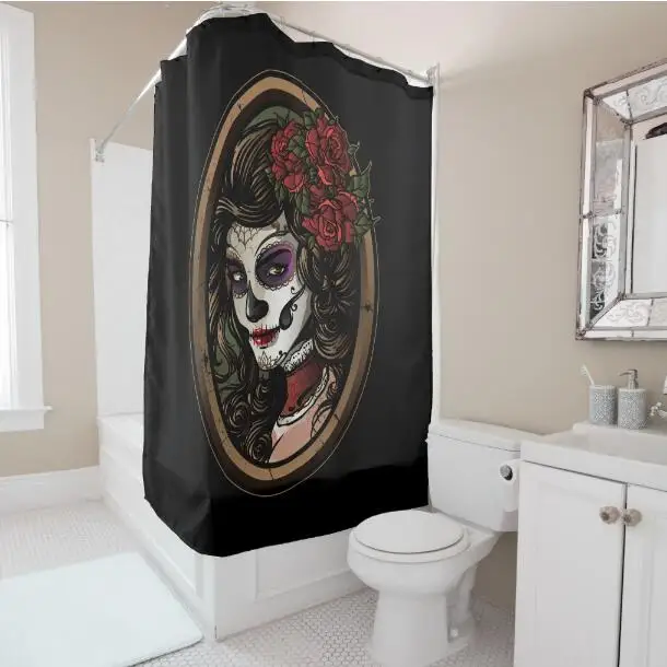 Modern Black Day Of The Dead Skull Bathroom Curtain Set Dead Skull Bathroom Curtain