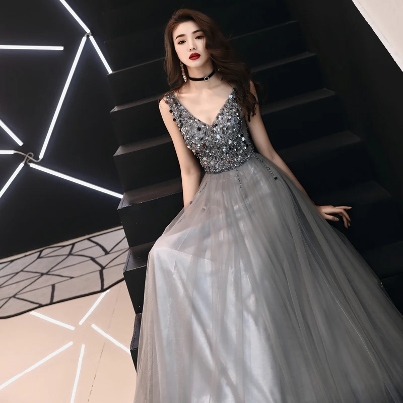 Beauty Emily Long Grey Luxury Beads Evening Dresses 2019 Backless V-Neck Floor-Length Formal Party Evening Prom Dresses Gowns Beauty Emily Long Grey Luxury Beads Evening Dresses 2019 Backless V-Neck Floor-Length Formal Party Evening Prom Dresses Gowns