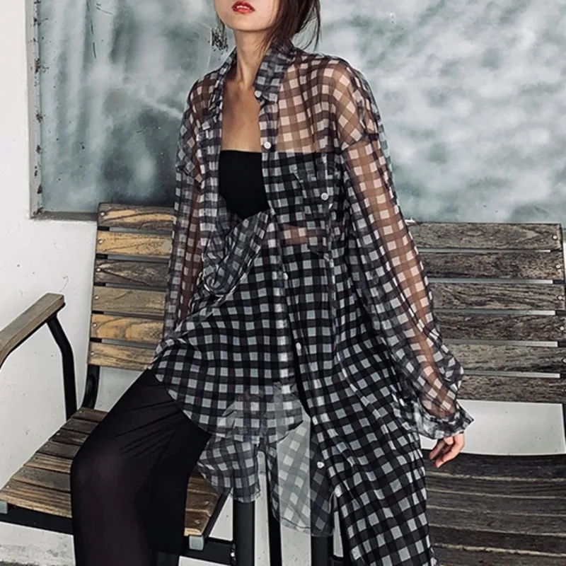 

LANMREM Plaid Chiffon Mesh Perspective Lapel Long Sleeve Shirt Casual Fashion Loose Woman 2019 Autumn New TC990