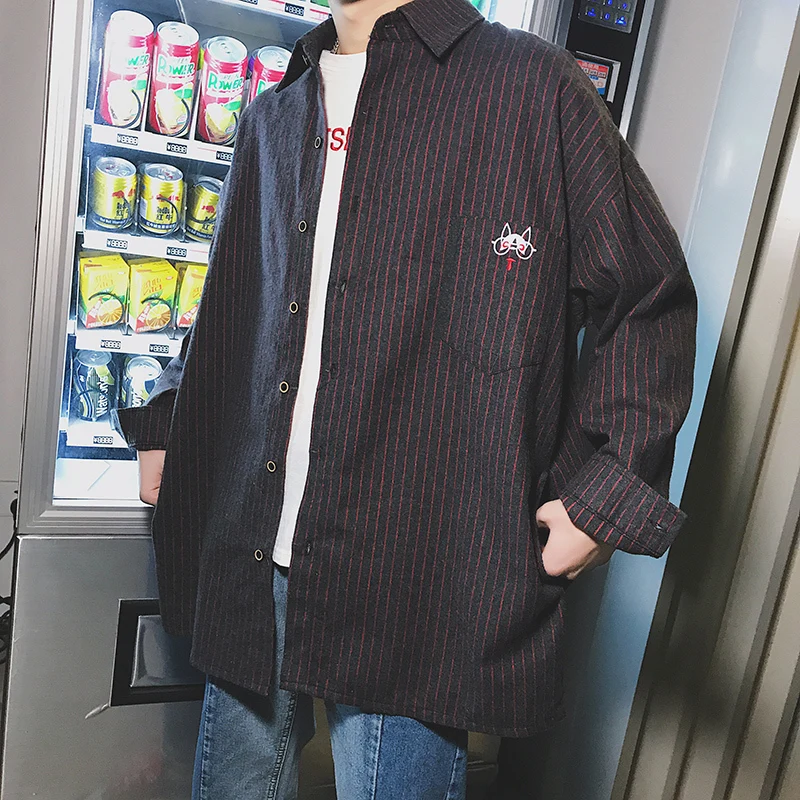

Fashion Casual Men's Long Sleeve Shirt Spring And Autumn New M-XL Stripe Loose Shirt Jacket Yellow Red Personality Youth Popular
