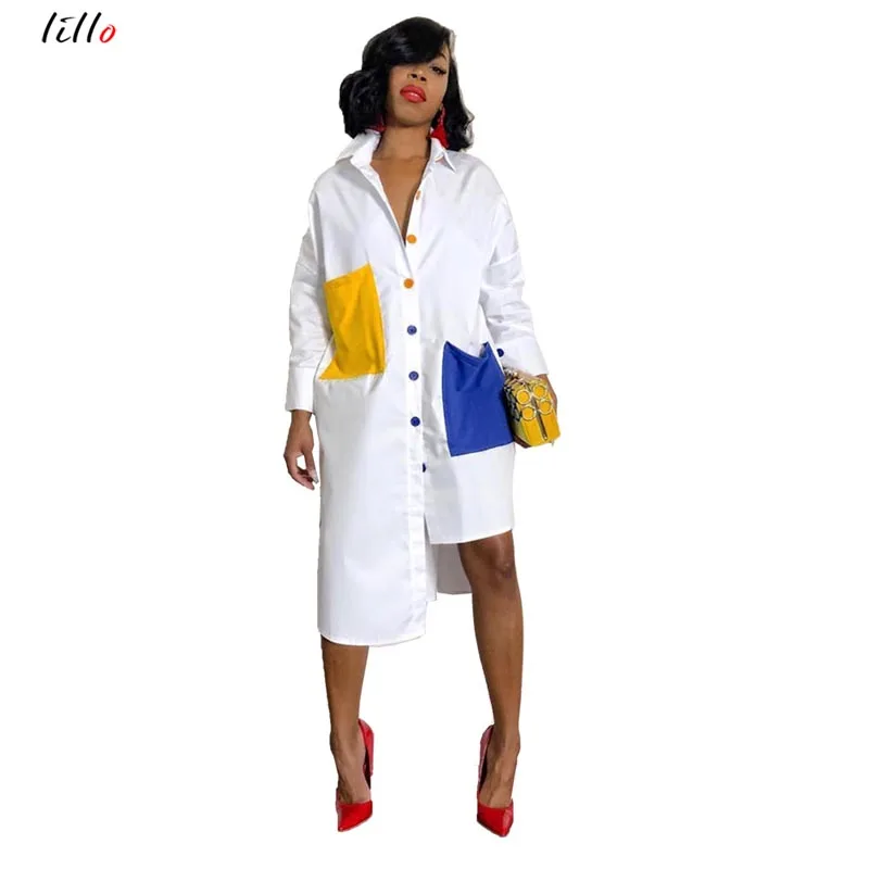 

2019 summer women's dress street geometry figure lapel dress long sleeve irregular hem long shirt color shirt large size shirt d