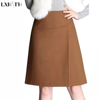 

LXMSTH 4XL Autumn Winter New Women A Line Woolen Skirt Solid Slim Thin High Waist Formal Skirts Plus Size Midi Black Wool Skirt