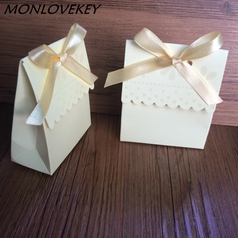 New Arrival Ivory cream color wedding favor box with pink yellow ribbon