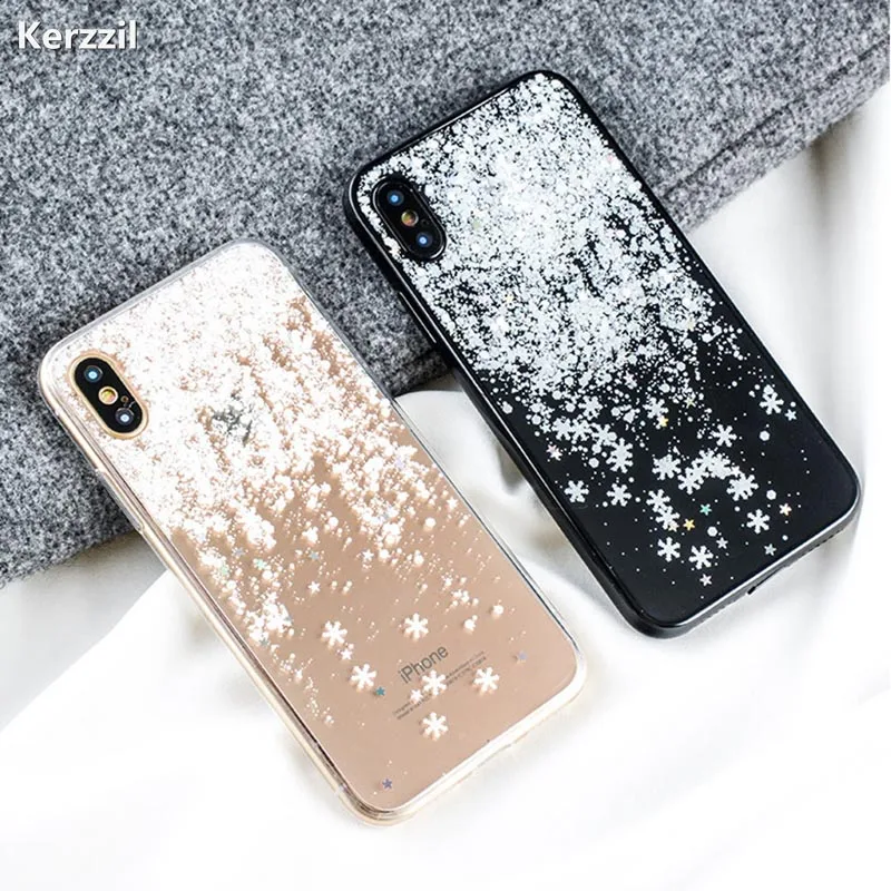 Модный зимний прозрачный чехол Kerzzil со снежинками для iPhone X 8 7 6 Plus блестящий