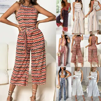 

Fashion Women Striped Print Wide Leg Sleeveless Boho Romper Jumpsuit Playsuit Summer Casual Clothes
