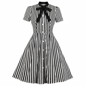 

Cotton Striped Print Midi Dress Casual Nice Women Short Sleeves Bowknot Shirt Dress Evening Party Office Swinging Vestidos