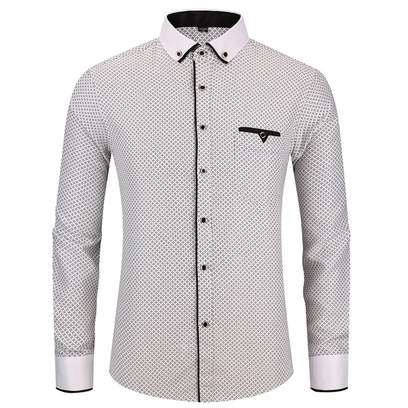 

Men Printed Long Sleeved Shirt Fashion Casual Buckle Collar Design Spring Slim Fit Male Social Dress Shirt Plus Size 4XL 5XL 6XL
