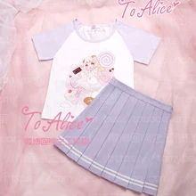 Кавайный летний комплект из 2 предметов для девочек: короткая футболка с короткими рукавами+ синяя/фиолетовая мини-плиссированная юбка