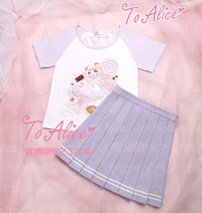 

Candy Girl Kawaii Summer 2PCS Set: Short Sleeve Short Tee T-shirt Tops + Blue/Violet Mini Pleated Skirt