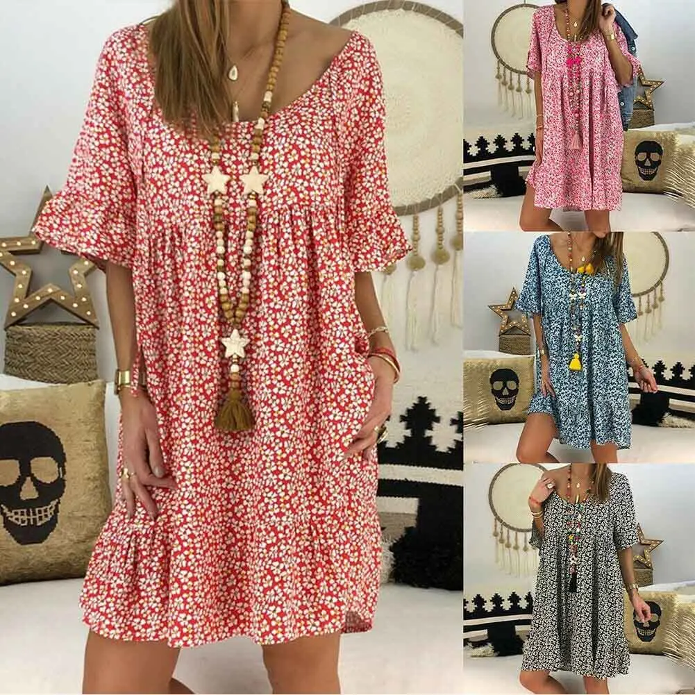 

Women Printed Loose Short-sleeved Dress Boho Floral Casual Dress Summer Loose Beach Sundress GDD99