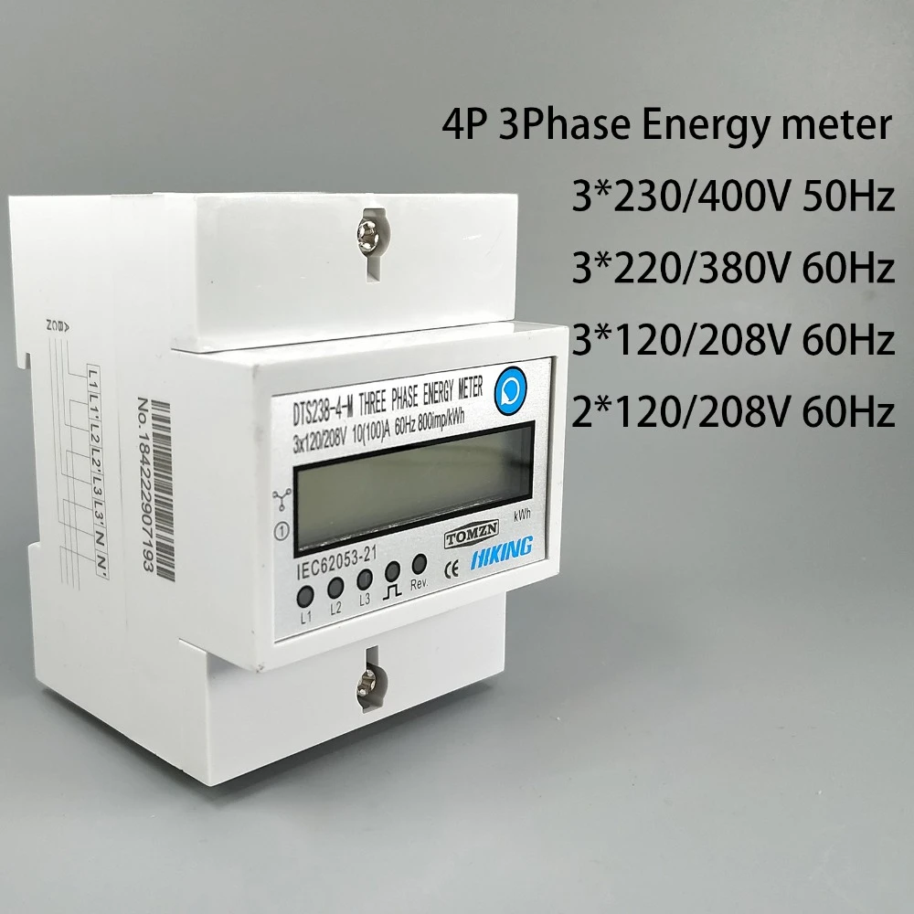 4p 10(100)a Three Phase Din Rail Kwh Watt Hour Dinrail Energy Meter Lcd 3*230/400v 3*120/208v 3