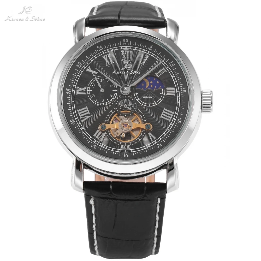 KS Automatic Mechanical Silver Black Tourbillon Moon Sun Roman Analog Display Leather Band Mens Gents Dress