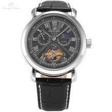 KS Автоматическая Механическая Серебряный Черный Tourbillon Луна и Солнце Роман Аналоговый Дисплей Кожаный Ремешок Мужские Мужские Платье Наручные Часы/KS222