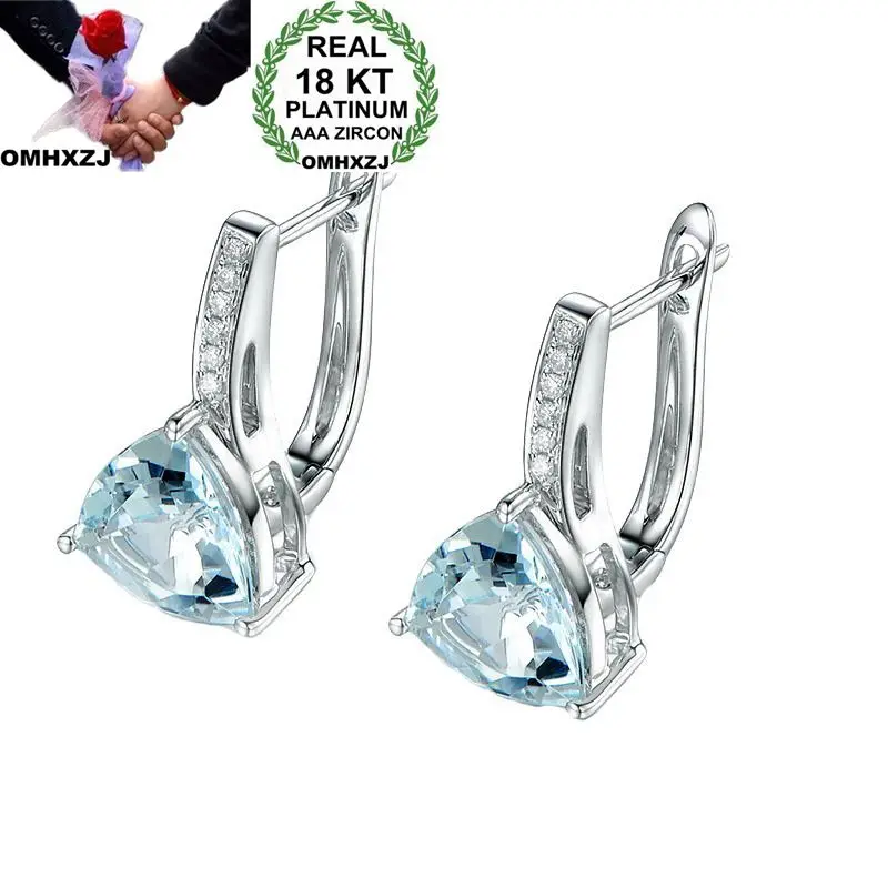 

OMHXZJ Wholesale European Fashion Woman Girl Party Wedding Gift Triangle Sea Blue AAA Zircon 18KT White Gold Hoop Earrings EA468