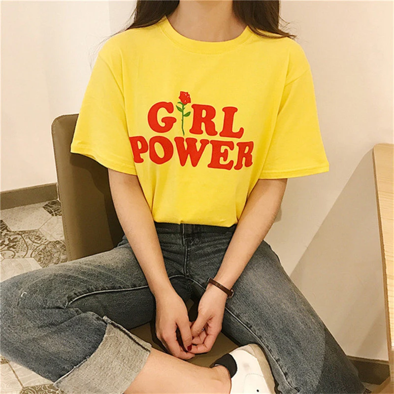 Summer Girl Power Rose T Shirt Letter White Yellow Grey Black Cotton Ladies T-Shirt flowers Tops