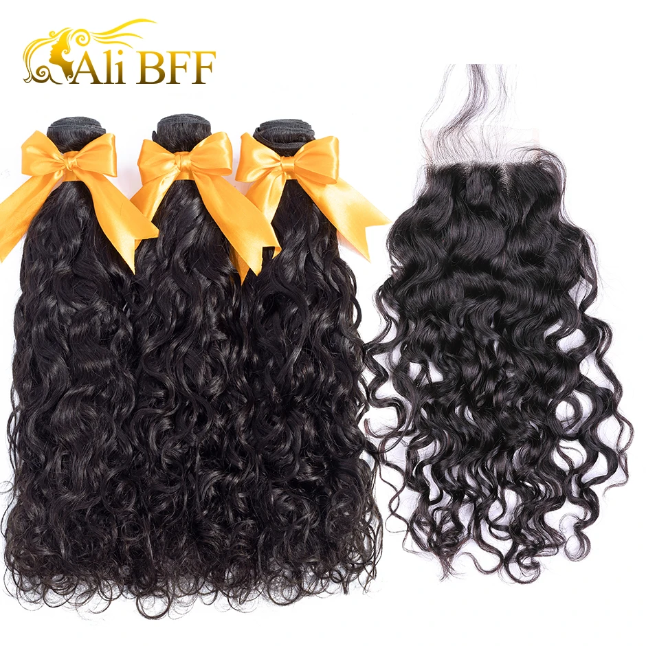 ALI BFF Hair Water Wave Bundles With Closure Brazilian Hair Weave Bundles With Closure Remy Human Hair 3 Bundles With Closure